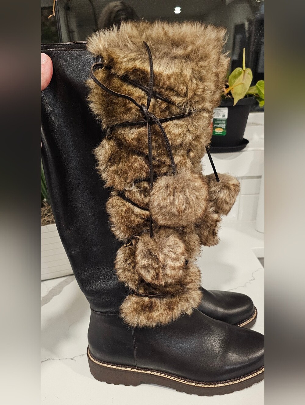 Lands' End Black Leather Knee-High Fur Trim Winter Boots | Size 8